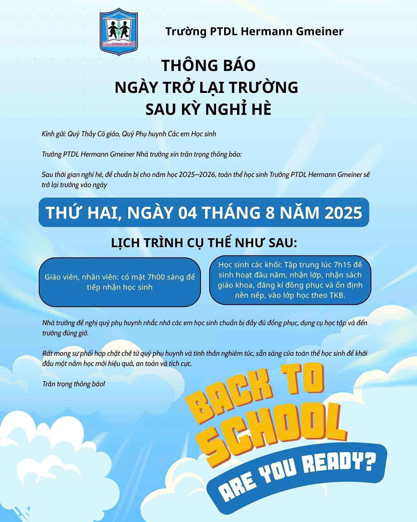 THÔNG BÁO TRỞ LẠI TRƯỜNG SAU NGHỈ HÈ